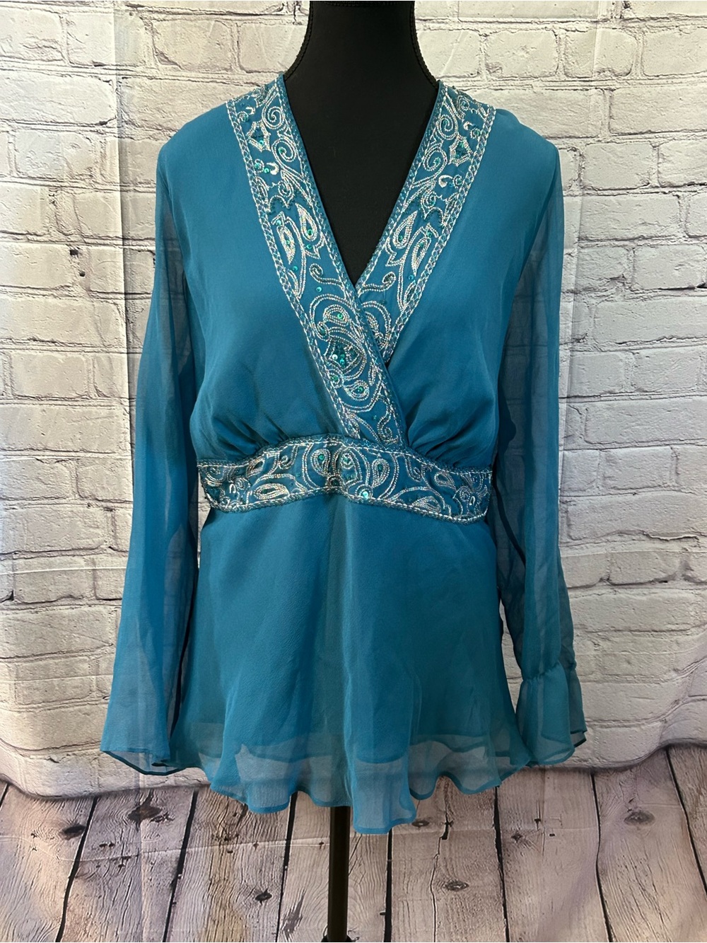 Lane Bryant 100% Silk Teal Embellished V-Neck Wrap Blouse